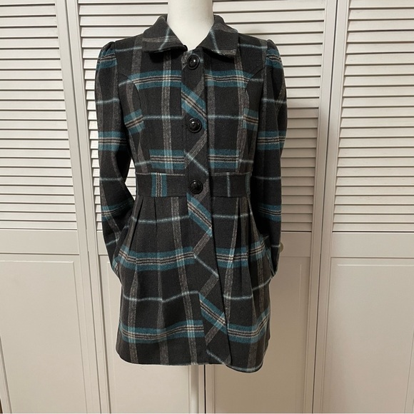 Tulle Anthropologie M Peacoat Plaid Grey Blue J8003F Jacket Coat Pockets - Picture 4 of 16
